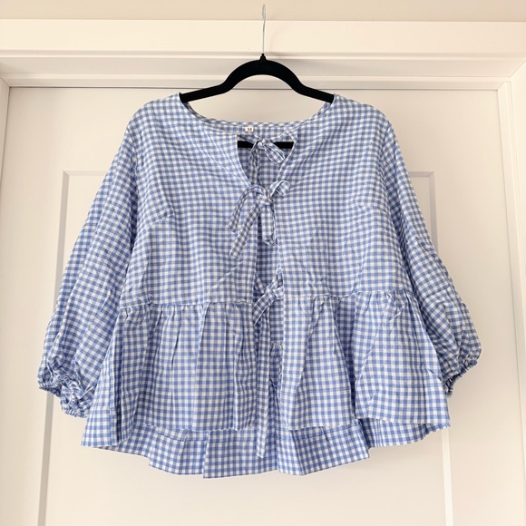 No Brand Tops - NWOT-Woman’s Blue Plaid Gingham Babydoll Top w/ Tie Front Short Puff Sleeves